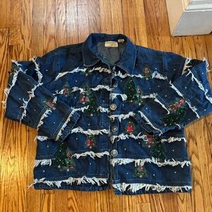 Frayed Denim Jacket with Christmas Tree Design